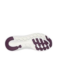 Suela de zapato que presenta goma blanca con un acento morado texturizado. El diseño incluye surcos y un patrón elevado distintivo para mayor tracción.