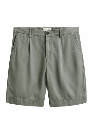 Men's light gray casual shorts with belt loops, front button, zip closure, and side pockets.