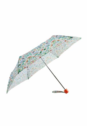 Compact umbrella with a floral design in green, pink, and blue tones. Features a silver metal frame and an orange rubber handle.