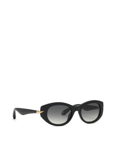Lunettes de soleil noires forme œil de chat avec verres dégradés foncés et accent doré sur les branches, présentées légèrement en angle sur fond blanc.