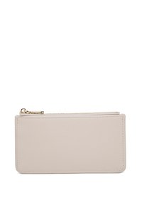 Portafoglio in pelle beige con una texture liscia, forma rettangolare e una cerniera dorata in cima. Design minimalista senza alcun accento hardware visibile.