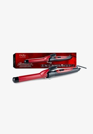 Rizador de cerámica rojo y negro con pinza y controles digitales, mostrado con un embalaje rojo a juego etiquetado como Bordeaux-25.