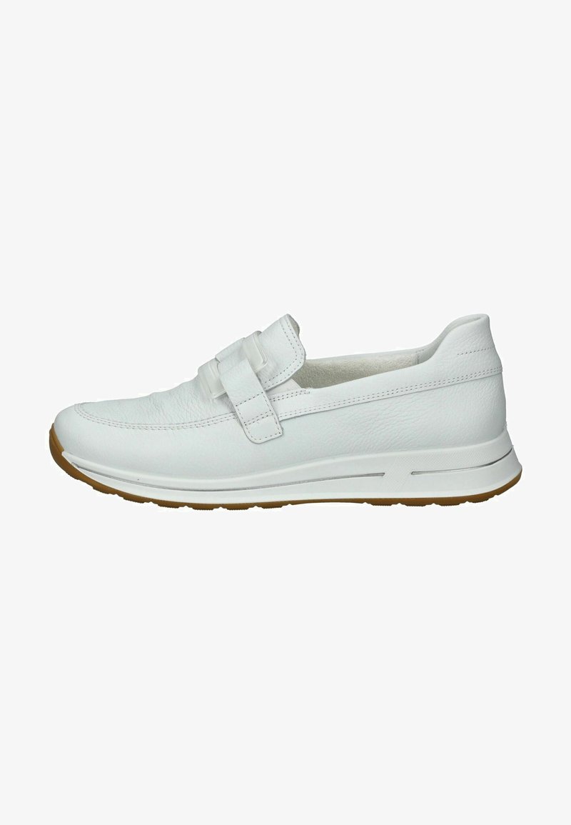 Weiße Leder-Slipper mit dicker Gummisohle, strukturiertem Obermaterial und einem breiten Klettverschluss über dem Spann für einen sicheren Halt.