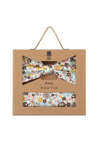 Blumen-Fliege-Set in Pastellfarben mit hellblauem Hintergrund, das rosa, gelbe und braune Blumen zeigt, verpackt in einer braunen Pappschachtel.