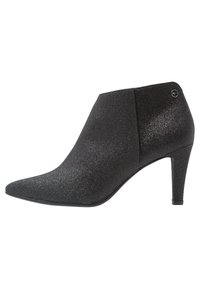 Stivaletto nero con punta affusolata, materiale superiore scintillante, design elegante e tacco a spillo. Presenta un piccolo accento metallico.