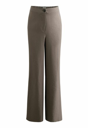 Taupe wide-leg pants with elastic waistband, front button, and zip closure, shown against a white background.