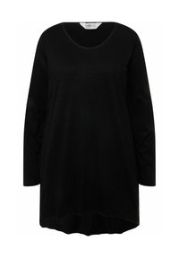 Long-sleeve black top made of soft fabric, features a round neckline and a slightly curved hem, offering a relaxed fit.