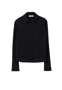 Chemise noire à manches longues, avec col et texture lisse. Présente une coupe droite et un léger brillant. Sans motifs ni accents.