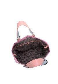 Borsa a tracolla rosa con un esterno liscio e un interno a fantasia. L'interno presenta uno sfondo scuro con puntini chiari e una tasca con zip.