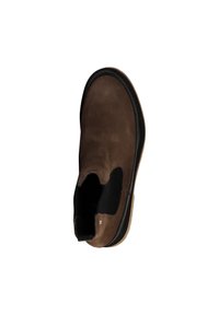 Stivale Chelsea in suede marrone con pannelli elastici laterali, punta arrotondata e suola in gomma. Il design presenta cuciture attorno alla suola.