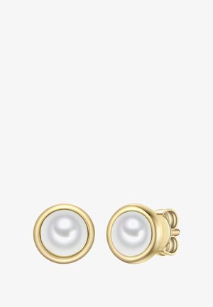 Zlate uhančki s kroglicami belih biserov, postavljenih v gladke okrogle okvirje. Oblikovanje poudarja polirano površino in preprosto opremo.