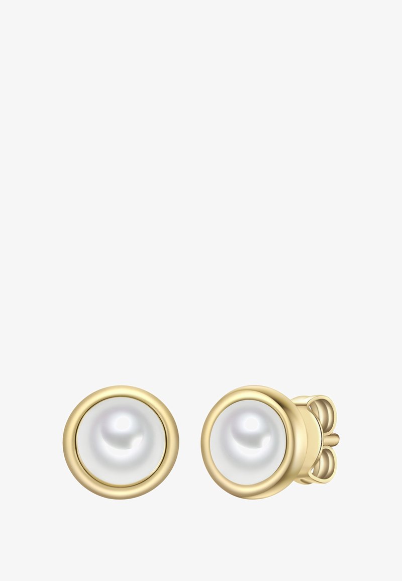 Auksiniai auskarai smeigai, kuriuose yra apvalūs balti perlai, įrėminti sklandžiuose apskritimuose. Dizainas pabrėžia poliruotą apdailą ir paprastą tvirtinimą.