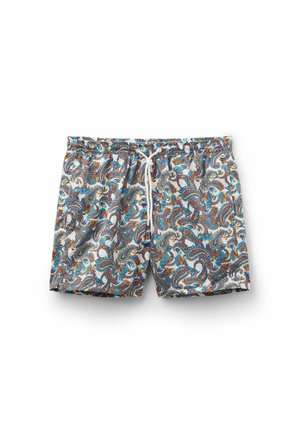 Badehosen mit einem bunten Paisley-Muster in Blau, Rot und Gelb auf weißem Hintergrund. Mit einem elastischen Bund und einem Kordelzug.