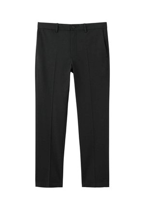 Pantaloni formali neri con passanti per cintura, chiusura frontale con bottone e zip e tasche laterali, mostrati distesi su sfondo bianco.
