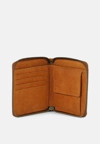 Tan leather wallet with a zip closure, featuring multiple card slots and a side pocket. Textured interior and smooth exterior.