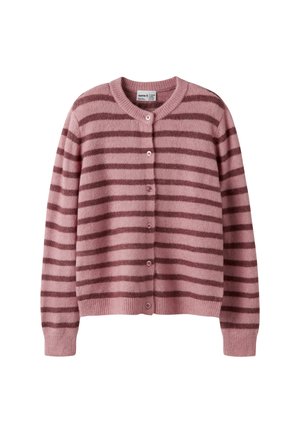 Cardigan rayé rose et bordeaux à manches longues avec boutons, col rond et poignets et ourlet côtelés.