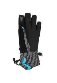 Čierna zateplená rukavica s šedým a modrým abstraktným vzorom na manžete, nastaviteľným remienkom a zosilnenou dlaňou, určená na vonkajšie zimné použitie.