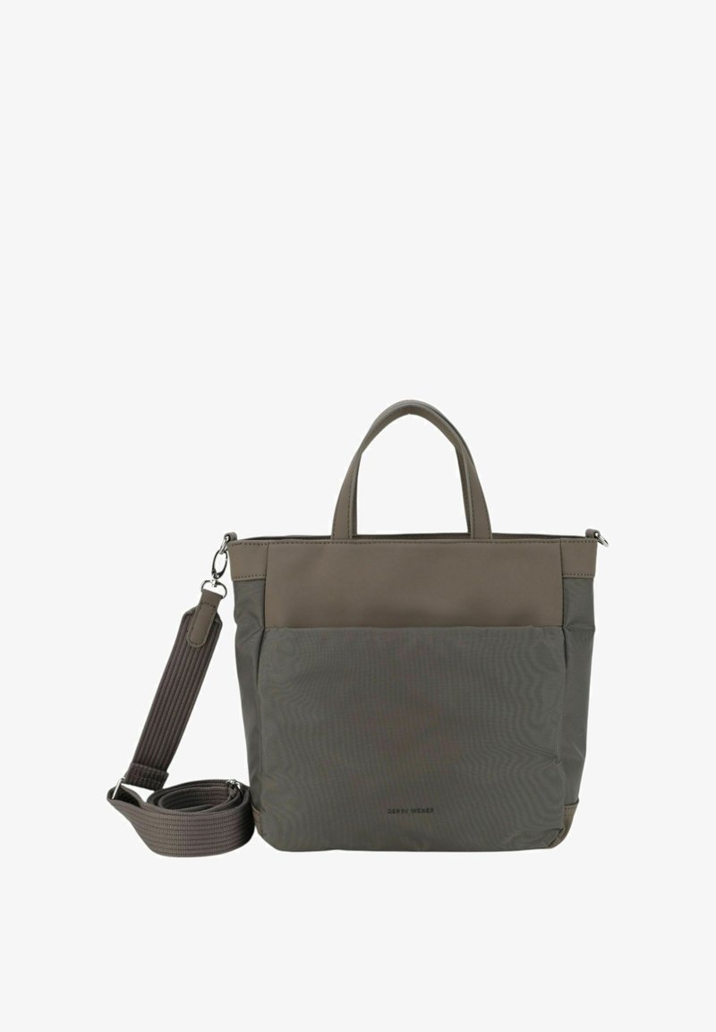 Tablet-Tasche aus grauem Canvas mit oberem Abschnitt aus glattem Leder. Ausgestattet mit doppelten Griffen, abnehmbarem Schultergurt und dezentem Markenlogo.