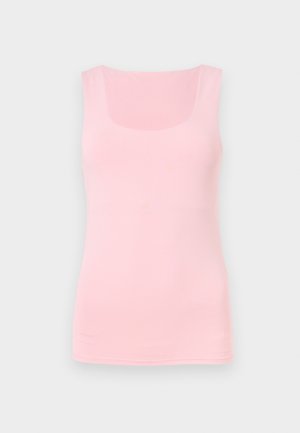 Ανοιχτό ροζ αμάνικη μπλούζα με τετράγωνη λαιμόκοψη, παρουσιάζεται μπροστά σε απλό ανοιχτό φόντο.