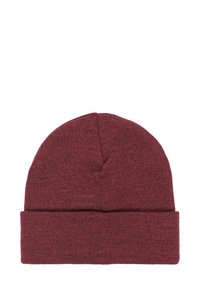 Maroon knit beanie with a folded cuff and a seamless crown. Made of soft, textured material. Simple design suitable for casual wear.