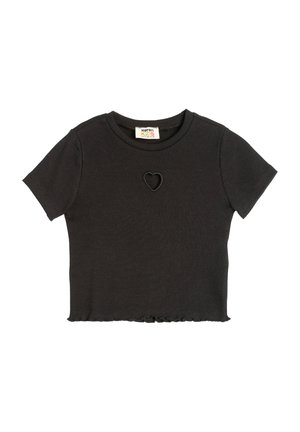 T-shirt nera a maniche corte con texture a costine e una scollatura a forma di cuore al centro. Presenta un orlo sfilacciato ed è realizzata in tessuto morbido.
