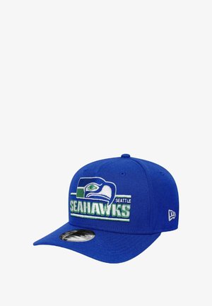 Blaues Baseballcap mit dem Logo der Seattle Seahawks und grün-weißer Stickerei. Flacher Schirm mit strukturiertem Oberteil.