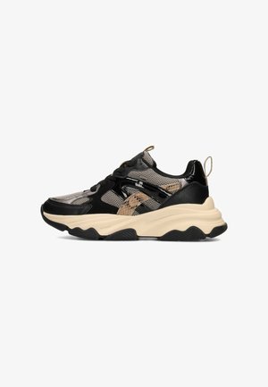 Schwarze und beige Sneaker aus Mesh und Kunstleder, mit dicker cremefarbener Sohle, strukturiertem schwarzem Außensohle und einem dekorativen tanfarbigen Zugband.