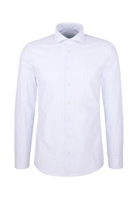 Camicia da uomo azzurra con sottili righe verticali, maniche lunghe, chiusura con bottoni e colletto classico.
