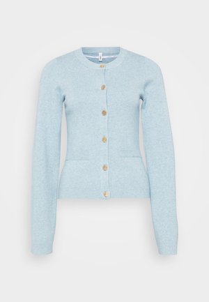 Lichtblauwe gebreide cardigan met lange mouwen, ronde halslijn, vijf goudkleurige knopen en twee voorzakken. Zachte textuur en aansluitend ontwerp.