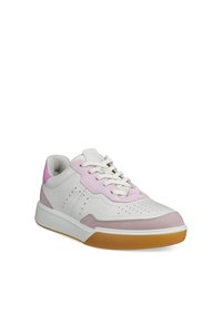 Valkoinen ja vaaleanpunainen nahkainen tennari, jossa on rei'itykset, nauhoitus edessä, pehmustettu kaulus ja kumipohja, kallistettuna oikealle valkoisella taustalla.