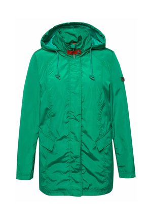 Zelená voděodolná bunda s kapucí, zipem vpředu, elastickými stahovacími šňůrkami a bočními kapsami. Hladký, lesklý materiál s minimálním zdobením.