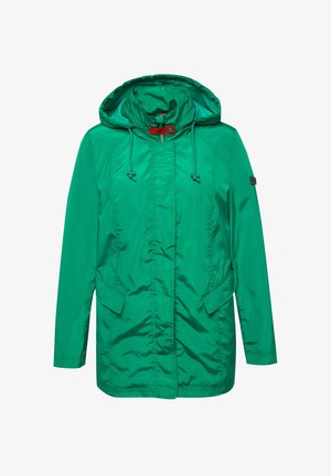 Zelená voděodolná bunda s kapucí, zipem vpředu, elastickými stahovacími šňůrkami a bočními kapsami. Hladký, lesklý materiál s minimálním zdobením.