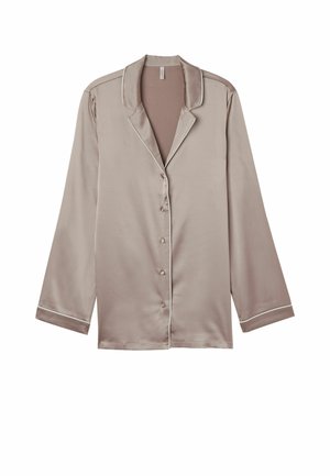 Satin, lichtbruine knoopsluiting shirt met lange mouwen, ingezette kraag en witte bies langs de kraag en manchetten. Voorzien van knopen aan de voorkant.