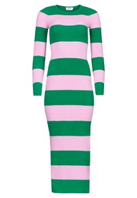 Abito di maglia a maniche lunghe con righe larghe alternate in verde e rosa chiaro, con una silhouette aderente e scollatura rotonda.