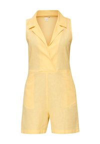 Geel mouwloos jumpsuit met een kraag, wikkelontwerp en korte broek. Gemaakt van een gestructureerde stof, met een subtiele, lichte uitstraling.
