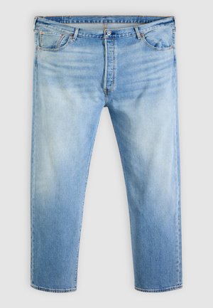 Blugi din denim albastru deschis cu efecte decolorate, nasture și fermoar frontal, bucle pentru curea și design cu cinci buzunare.