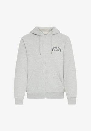 Šedá zipsová mikina vyrobená z mäkkého bavlneného materiálu s potlačou loga "WANDERING EVERYWHERE" na prednej strane. Obsahuje kapucňu so šnúrkou a klokanie vrecká.