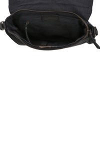 Black leather bag with a zipper closure, featuring an interior pocket and smooth texture. The lining is a contrasting color.