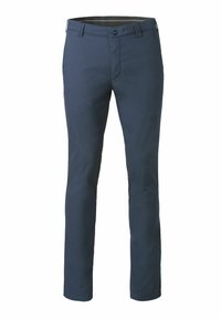 Marineblauwe, slim-fit chino's met een vlakke voorkant, standaard tailleband en twee zijzakken. Glad katoen met een lichte glans.