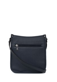 Borsa a tracolla in pelle blu navy con finitura texturizzata, tasca frontale con zip e tracolla regolabile. Forma rettangolare con bordi arrotondati.