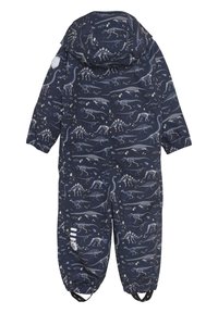 Marineblauer Einteiler mit Dinosaurierskelett-Muster. Verfügt über eine Kapuze, elastische Bündchen und verstellbare Fußriemen für eine sichere Passform.