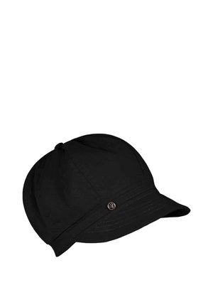 Black cap with a short, curved brim and a small metallic logo on the side, made of soft fabric with panel stitching.