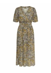 Robe imprimée léopard avec un décolleté en V, des manches courtes, une taille cintrée et une jupe fluide. Les couleurs incluent le jaune, le marron, le noir et le violet.