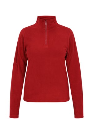 Raudonas pūkuotas megztinis su pusiau užtraukiama apykakle, ilgomis rankovėmis ir minkšta tekstūra. Paprastas dizainas, be raštų ar papildomų akcentų.