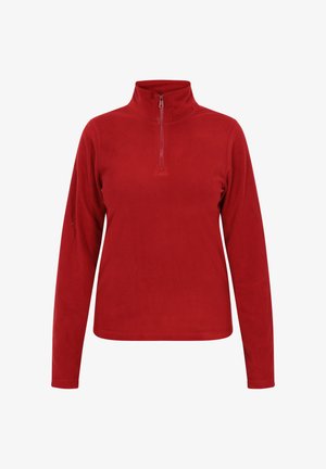 Czerwony polar z półsuwnym kołnierzem, długimi rękawami i miękką fakturą. Prosty design, bez wzorów ani dodatkowych akcentów.