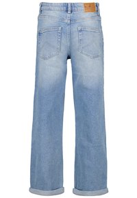 Light blue denim jeans with a loose fit, rolled cuffs, and a leather tag on the waistband. Features two back pockets with curved seams.