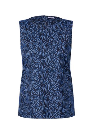 Mouwloos topje van stof met een donkerblauwe achtergrond en een herhalend bladpatroon in lichtblauw. Gladde textuur, eenvoudig ontwerp.