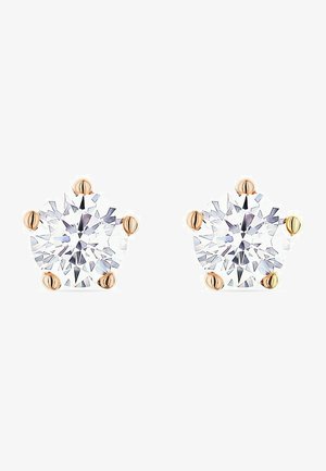 Rose gold stud earrings featuring round, clear, faceted gemstones held by four minimalist prongs. Sleek, polished finish with subtle shine.