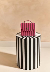 Gestreifte Tasche in Pink und Grau mit Klappe, Metallgriff und Druckknopfverschluss, auf einem gestreiften schwarz-weißen zylindrischen Sockel platziert.