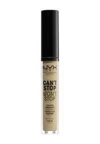 NYX Can't Stop Won't Stop Contour Concealer in un tubo trasparente con tappo nero, presenta un testo audace e un liquido color beige chiaro all'interno.